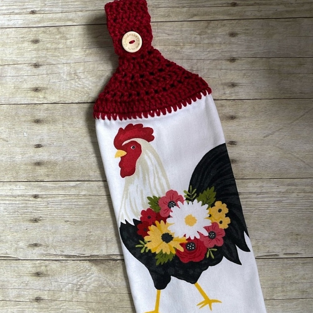 Crochet Top Single Thickness Hanging Towel Rooster & Flowers Handmade w Love